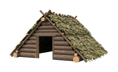 Primitive log hut with a natural leaf roof and sturdy wooden log walls, representing ancient shelter construction and survival architecture.