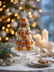 Festive croquembouche dessert shaped like a Christmas tree. Profiterole tower with caramel, icing, and star decorations on a glass stand. Vertical photo of a holiday sweet treat with bokeh lights