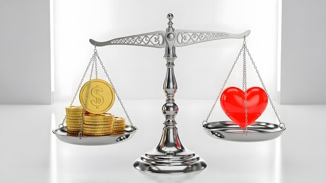 Scales of justice balance wealth and love concept