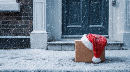 Obraz premium christmas charity food donation box with santa hat left on snowy doorstep for low income families