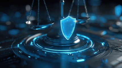 metal scales of justice rest on digital interface with glowing shield icon symbolizing cyber law and online security technology meets legal system in futuristic concept