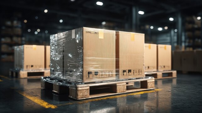 package of boxes on a wooden pallet being shrinkwrapped by an automatic machine in a modern warehouse warehouse logistics and delivery concept