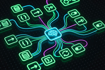 3D Isometric View of Autonomous AI System Managing Complex Digital Tasks