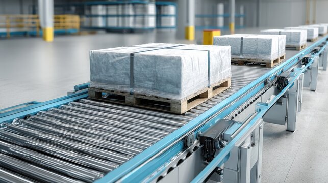 wrapped pallets moving on roller conveyor system in warehouse
