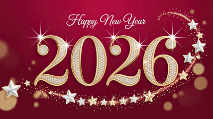 Happy new year 2026 gold text with stars on red background festive greeting