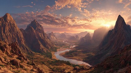 canyon panorama with river and sunset useful for articles about nature and travel