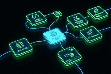 Machine Learning Core Connecting to Decision Engine and Deployment Processes in Neon Style