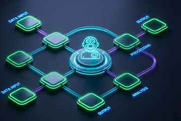 Machine Learning Core Connecting to Decision Engine and Deployment Processes in Neon Style