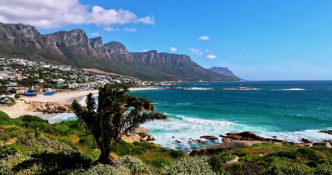 Panorama of the ocean and mountains in the suburbs of Cape Town on a sunny day.