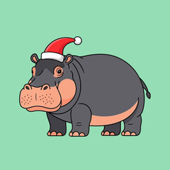 Cute cartoon hippo wearing a red Santa hat standing on a light green background, perfect for holiday designs.