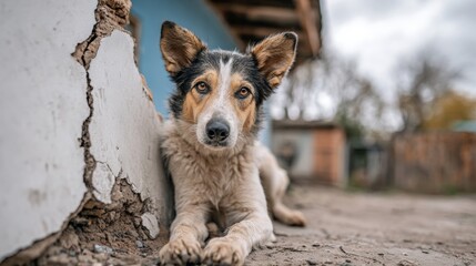 Rescue dog resting against cracked wall, showcasing gentle expression and soft fur, highlighting the need for animal shelter support and adoption