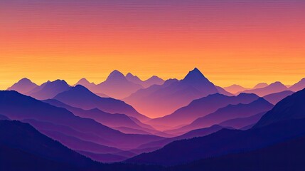 Fototapeta premium A wide composition of mountain ranges silhouetted against an intricate sky filled with fiery oranges and soft violets at sunset