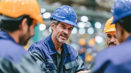 Group of factory workers in blue and orange helmets collaborating in a production hall, showcasing teamwork and industrial efficiency