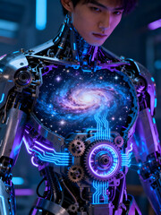 Futuristic humanoid robot with a galaxy core showcasing technology and cosmic elements