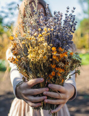 Woman with dried medicinal herbs. Selective focus.