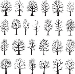 Collection of bare tree silhouettes in rows