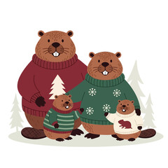Adorable beaver family wearing colorful holiday sweaters in a charming winter forest illustration.