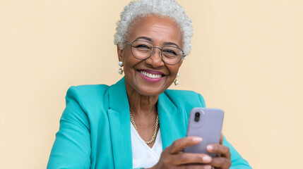 Joyful senior woman with stylish teal blazer smiling while holding smartphone for video call, clean pastel background with soft lighting and copy space