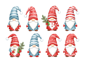 Cute watercolor Christmas gnomes with festive winter outfits and long white beards are ready for holiday celebrations and gift-giving.