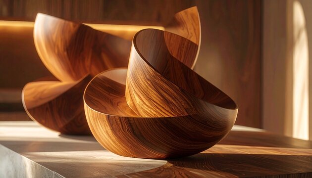 Mid-century abstract shapes with warm walnut tones and soft geometric curves, balanced composition illuminated by gentle ambient light in crisp macro detai - Powered by Adobe