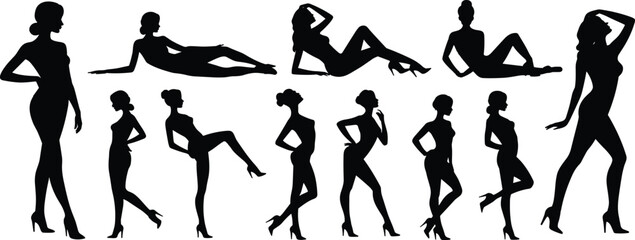 Elegant female silhouette collection featuring standing, sitting, and reclining poses with fashion model style for beauty, art, design, and illustration projects