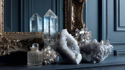 Elegant crystal collection with quartz points and geode on a dark surface by a vintage mirror, perfect for luxury home decor and spiritual wellness designs