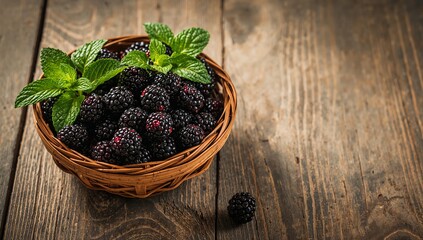 Dark Berries in Wicker Green Herbs, a Rustic Still Life with Natural Textures and Soft Light.