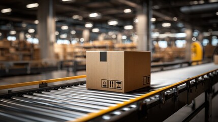 cardboard return box on a conveyor belt in a modern warehouse for efficient logistics