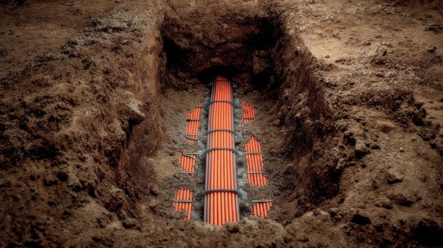 underground trench with fiber optic cables being laid fiber optic installation foundation of digital connectivity - Powered by Adobe