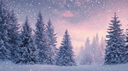 Naklejka premium snowcovered pine trees under falling snow serene winter wonderland scene against twilight sky with copy space