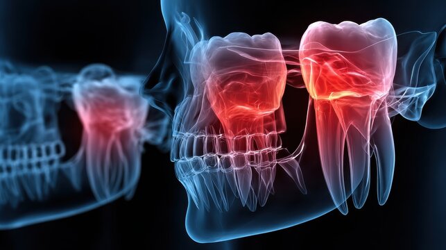 dental troubles impaction and inflammation of wisdom teeth highlighted in radiographic images