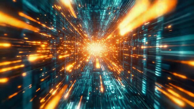 Digital data transfer glowing cyberspace tunnel background