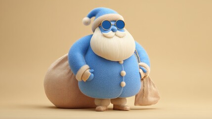 A character in a blue outfit with a white beard and sunglasses stands proudly next to a large bag. The setting has a simple beige background. Santa seems ready for a fun adventure.
