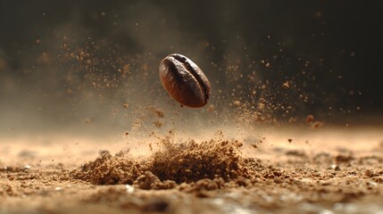 Flying coffee bean landing in scattered ground coffee creating dynamic explosion of particles and aromatic texture
