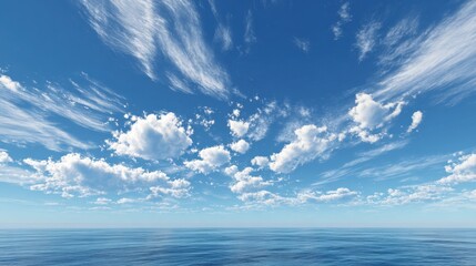vibrant blue sky filled with fluffy white clouds and wispy cirrus formations above a calm ocean horizon