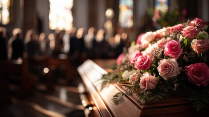 funeral ceremony inside a sunlit church beautiful rose bouquet adorns a wooden coffin blurred people mourn pay last respects to deceased at the farewell memorial service