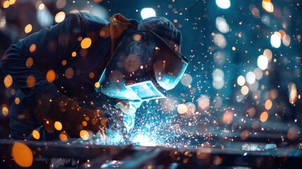 A worker is focusing on welding metal parts at night. Sparks fly as the welder uses a torch in a busy workshop filled with bright lights and reflections.