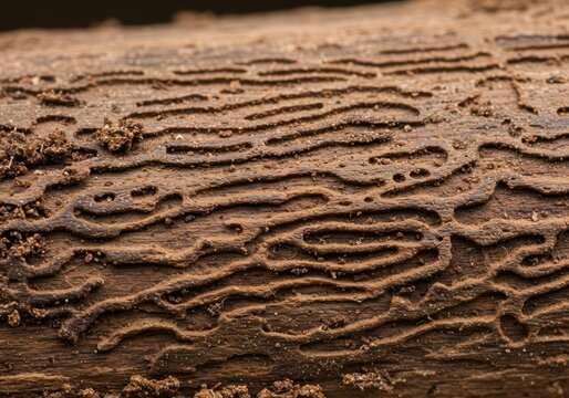 A detailed macro view of intricate, repeating patterns of termite tunnels carved into decaying wood, illustrating severe infestation damage, home, arthropod, larva