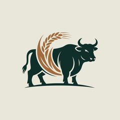Bull with wheat design logo in dark green and brown tones on beige background