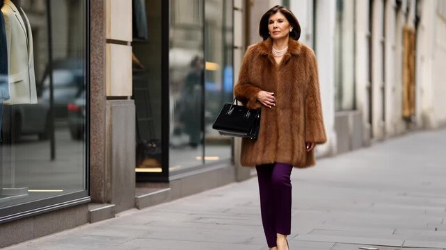 Elegant woman in a luxurious brown fur coat and purple pants walking on a city street
