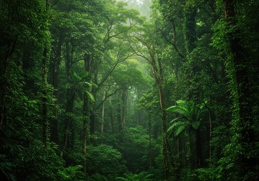 Lush, vibrant green tropical rain forest canopy showing dense layers of exotic foliage, thriving biodiversity, and high humidity in the wild, rain, texture, tropical