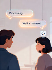 Digital conversation between a man and woman with floating text bubbles representing communication and connection
