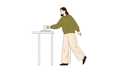 Fototapeta premium A woman reaches for a cup of coffee resting on a modern white table