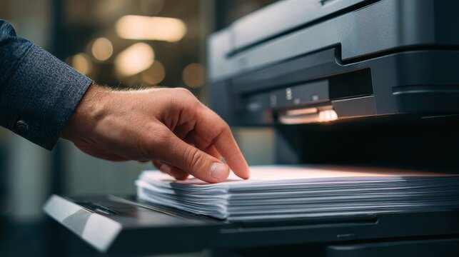 close up hand man places stack of paper into office printer tray for scanning person uses modern copying machine for document work