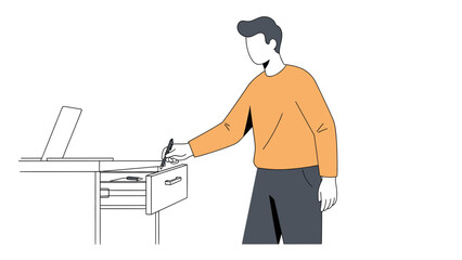 Fototapeta premium An illustration of a person taking a pen from a desk drawer with a laptop nearby