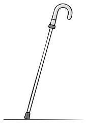 Cartoon cane, walking aid, with hooked handle, black and white illustration.