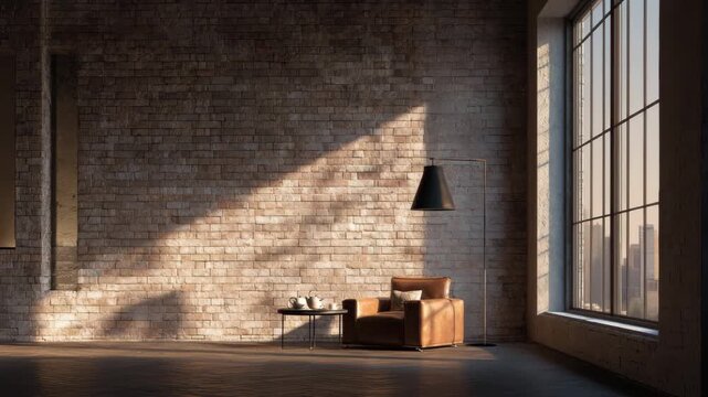Ultra HD Cozy leather armchair and side table in an empty industrial loft with exposed brick wall and large window overlooking city skyline at sunset video