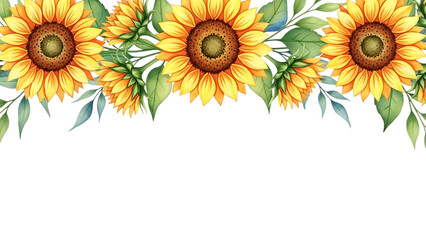 Vibrant sunflowers and leaves border isolated on transparent background for decoration