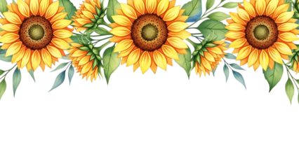 Vibrant sunflowers and leaves border isolated on transparent background for decoration
