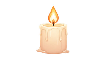 A lit candle with a melting wax dripping down the sides on transparent background